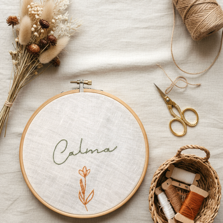 A styled flat-lay of embroidery supplies on a light linen fabric background, including a wooden hoop with the word "Calma" and a small floral motif stitched in green and tan thread, gold scissors, a spool of twine, dried flowers, and a small basket of thread spools.