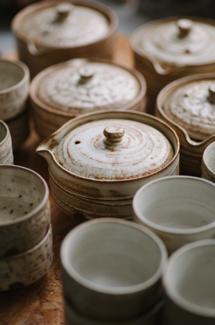 Collection of ceramic pots with lids on a wooden surface