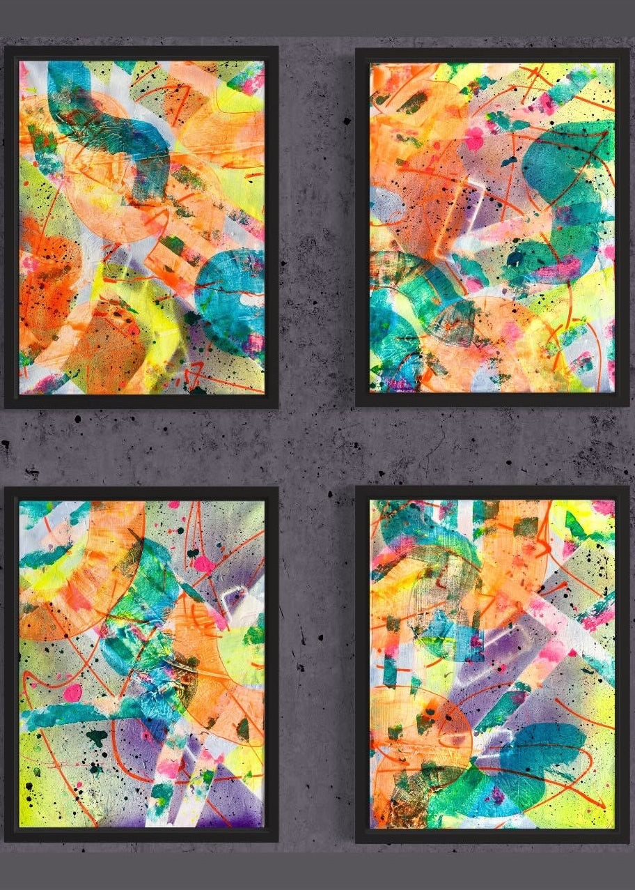 Four square abstract art pieces with colorful patterns on a dark textured background.