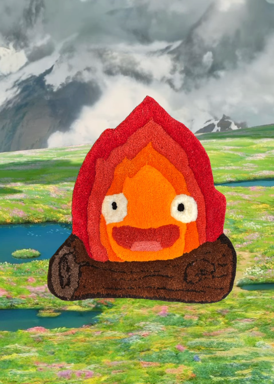 Animated character with a red hat and orange face on a scenic background