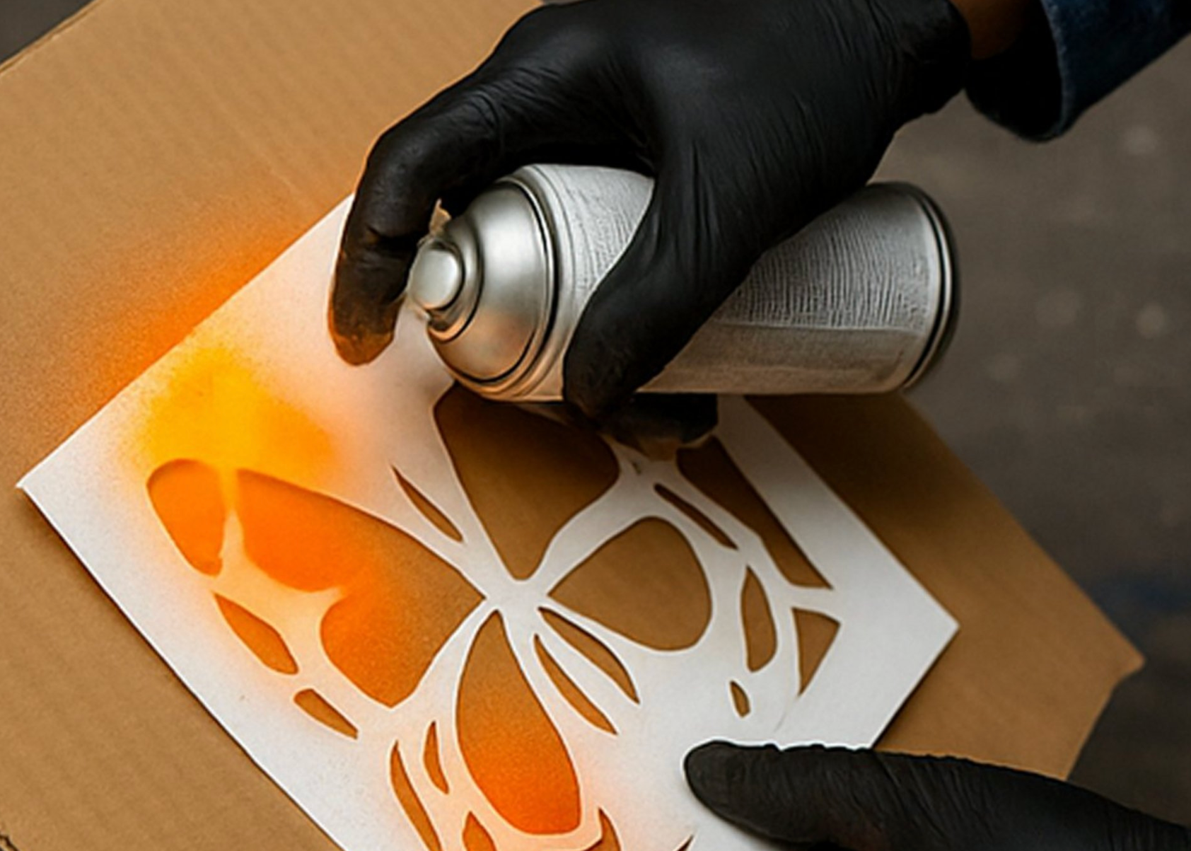 A close-up of a person wearing black gloves holding a silver spray paint can over a white stencil sheet on a cardboard box, spraying orange paint.
