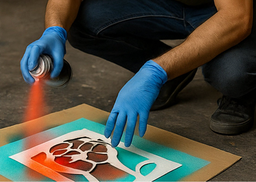 A person wearing blue gloves crouches on a concrete floor, spraying orange-red paint onto a stencil placed over a teal spray-paint can.