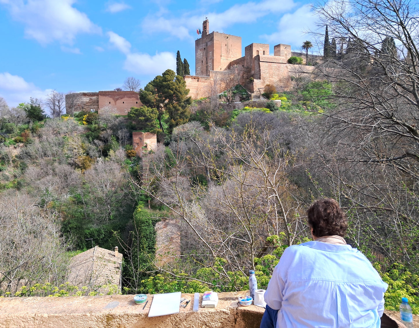 Person painting a scenic view of a castle on a hill with trees and blue sky.