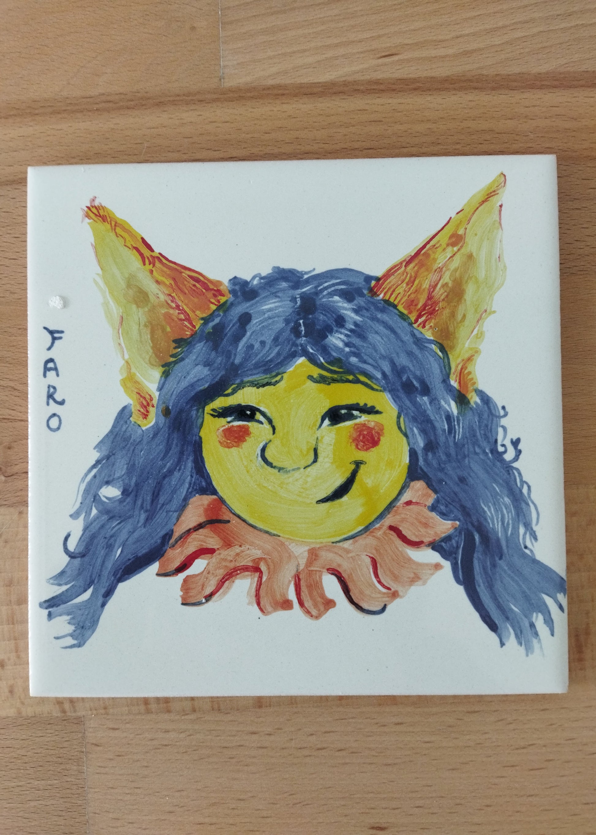 Colorful illustration of a character with blue hair and orange horns on a white background.
