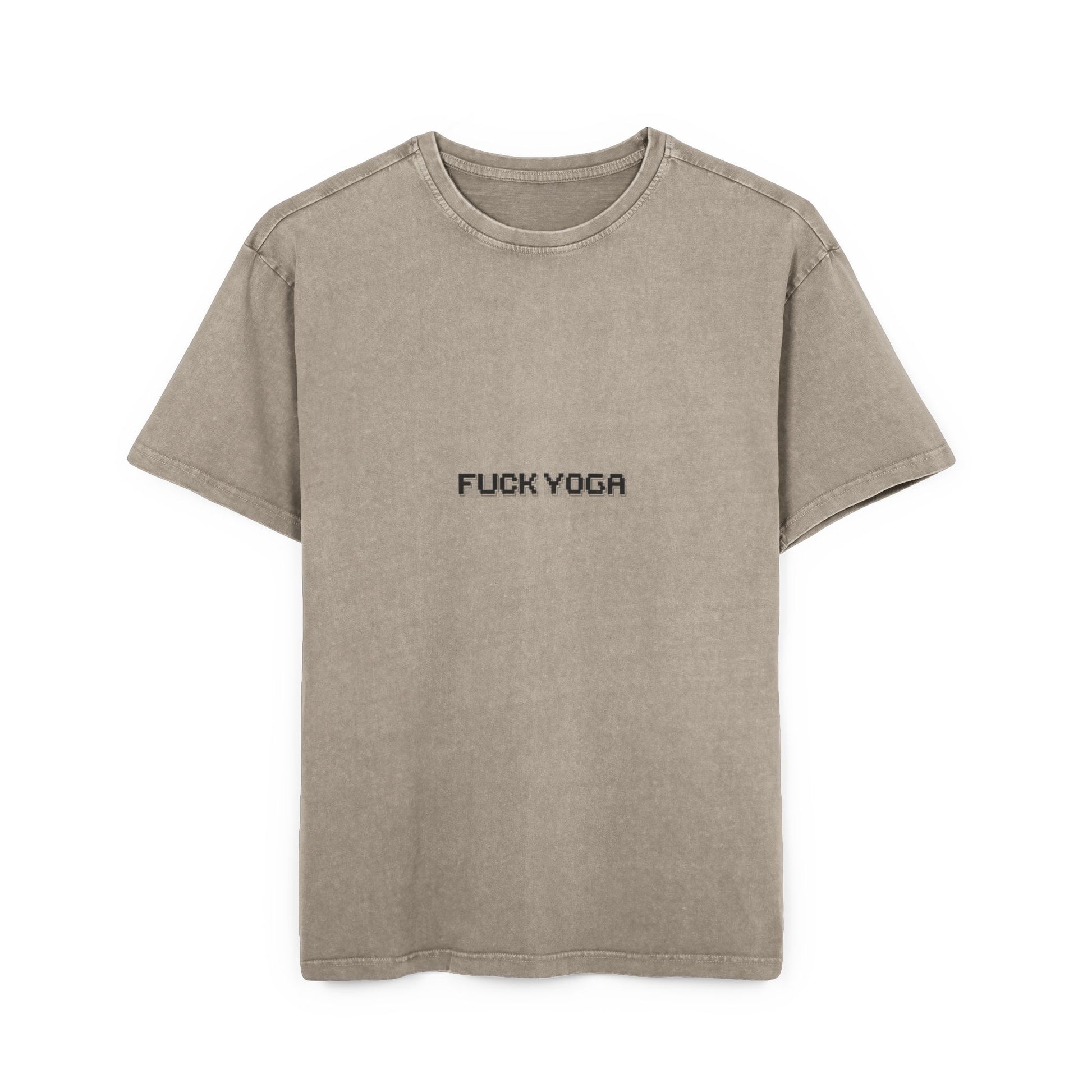 Beige t-shirt with 'FUCK YOGA' text on a white background