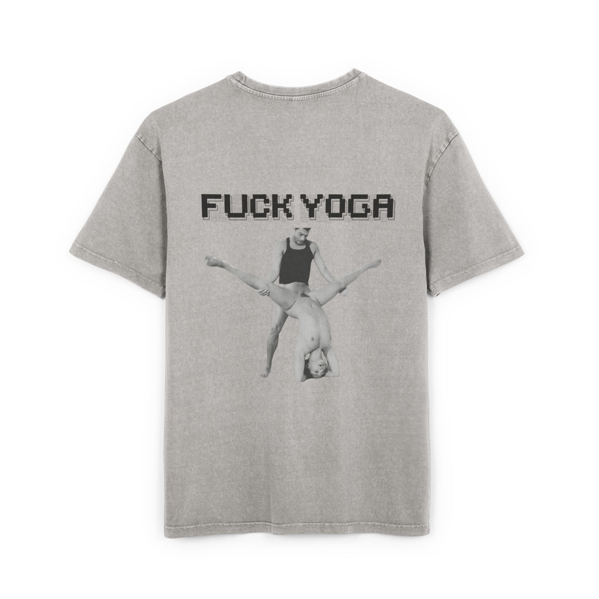 Gray t-shirt with 'FUCK YOGA' text and graphic on a white background