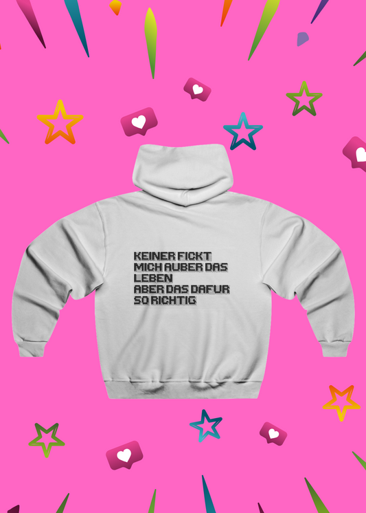 Gray hoodie with text on a pink background with colorful stars and hearts