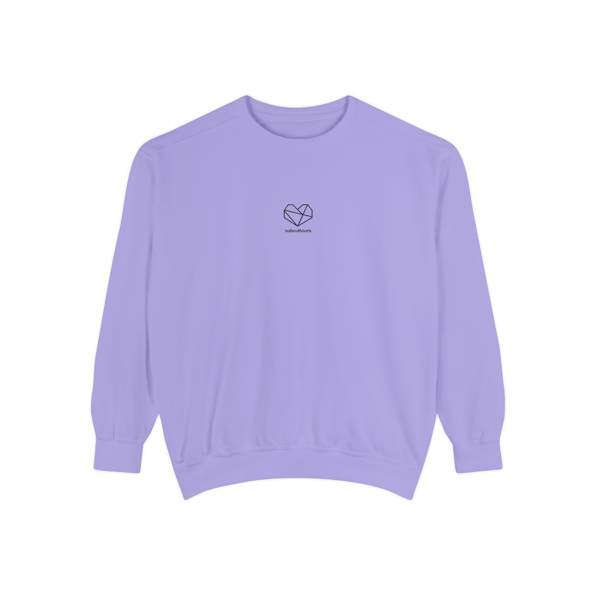 Purple sweatshirt with a heart design on a white background