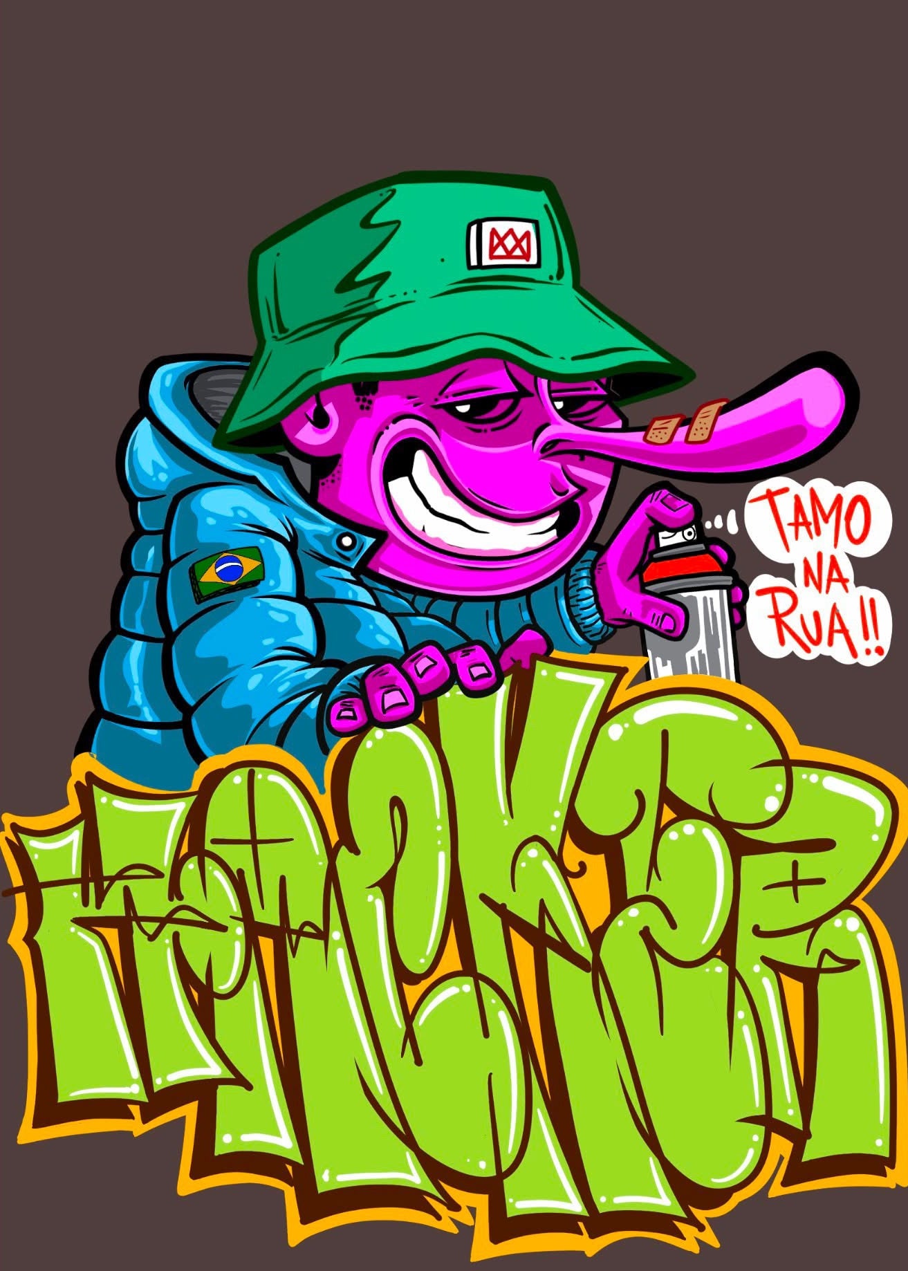 A colorful cartoon-style graphic featuring a pink-purple character wearing a green bucket hat and blue jacket, holding a spray can next to a speech bubble that says 'TAMO NA RUA!!' above large stylized graffiti text on a dark brown background.