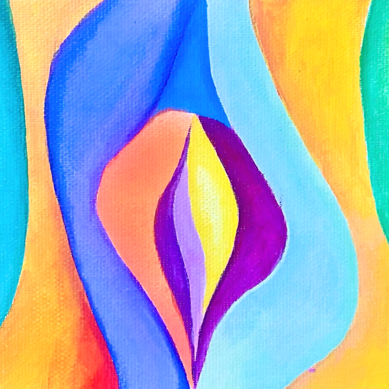 Abstract colorful artwork with flowing organic shapes in blue, purple, yellow, orange, and light blue, filling the frame.