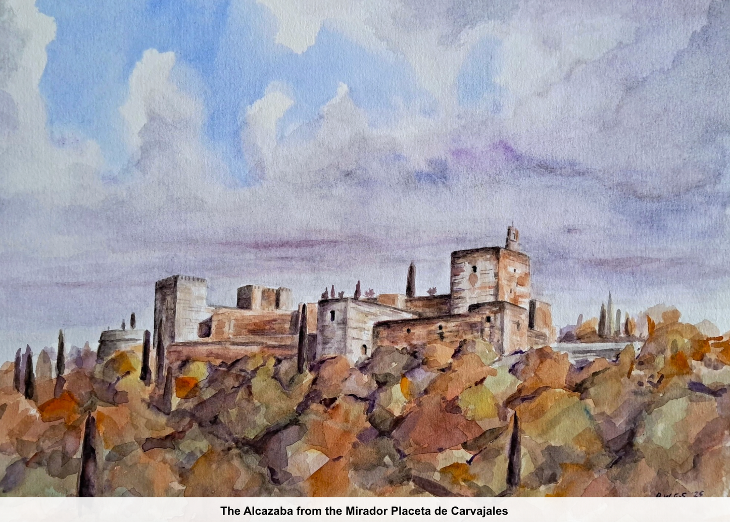 Painting of a castle on a hill with a cloudy sky