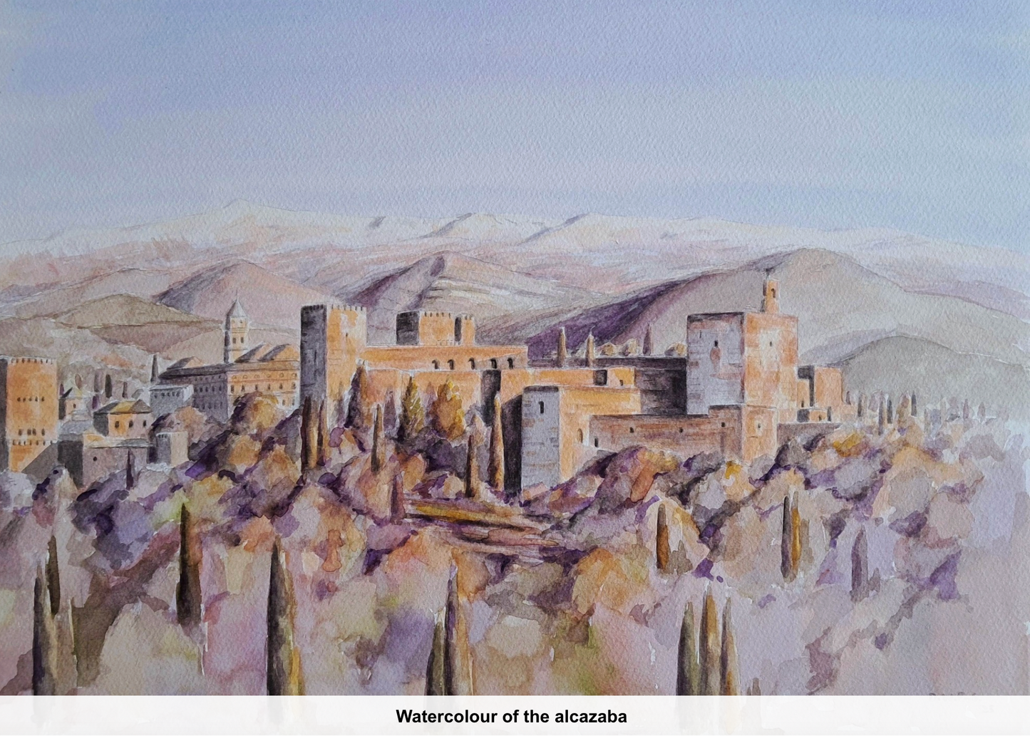 Watercolor painting of a fortress with mountains in the background