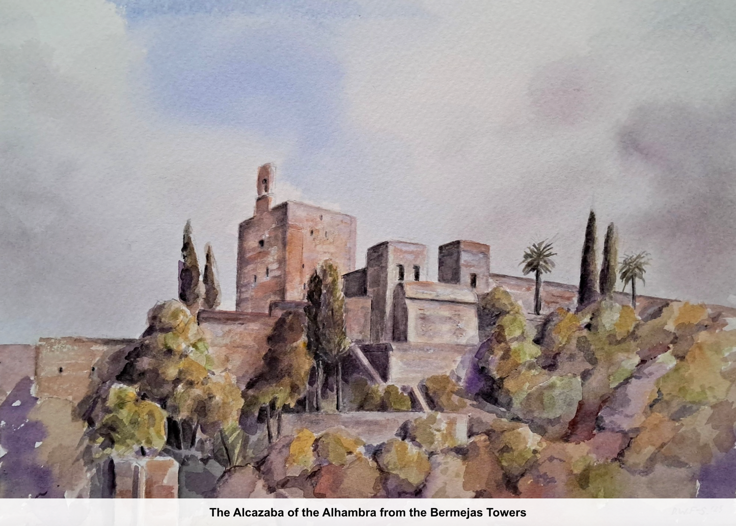 Painting of The Alcazaba of the Alhambra from the Bermejas Towers with a castle and surrounding landscape.