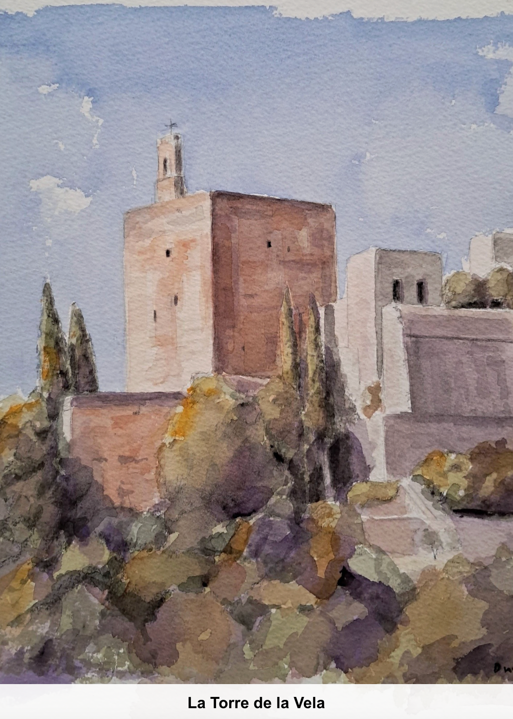 Watercolor painting of La Torre de la Vela with a blue sky and greenery.