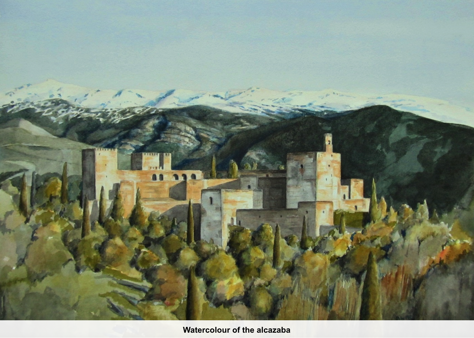 Watercolor painting of a fortress with mountains in the background