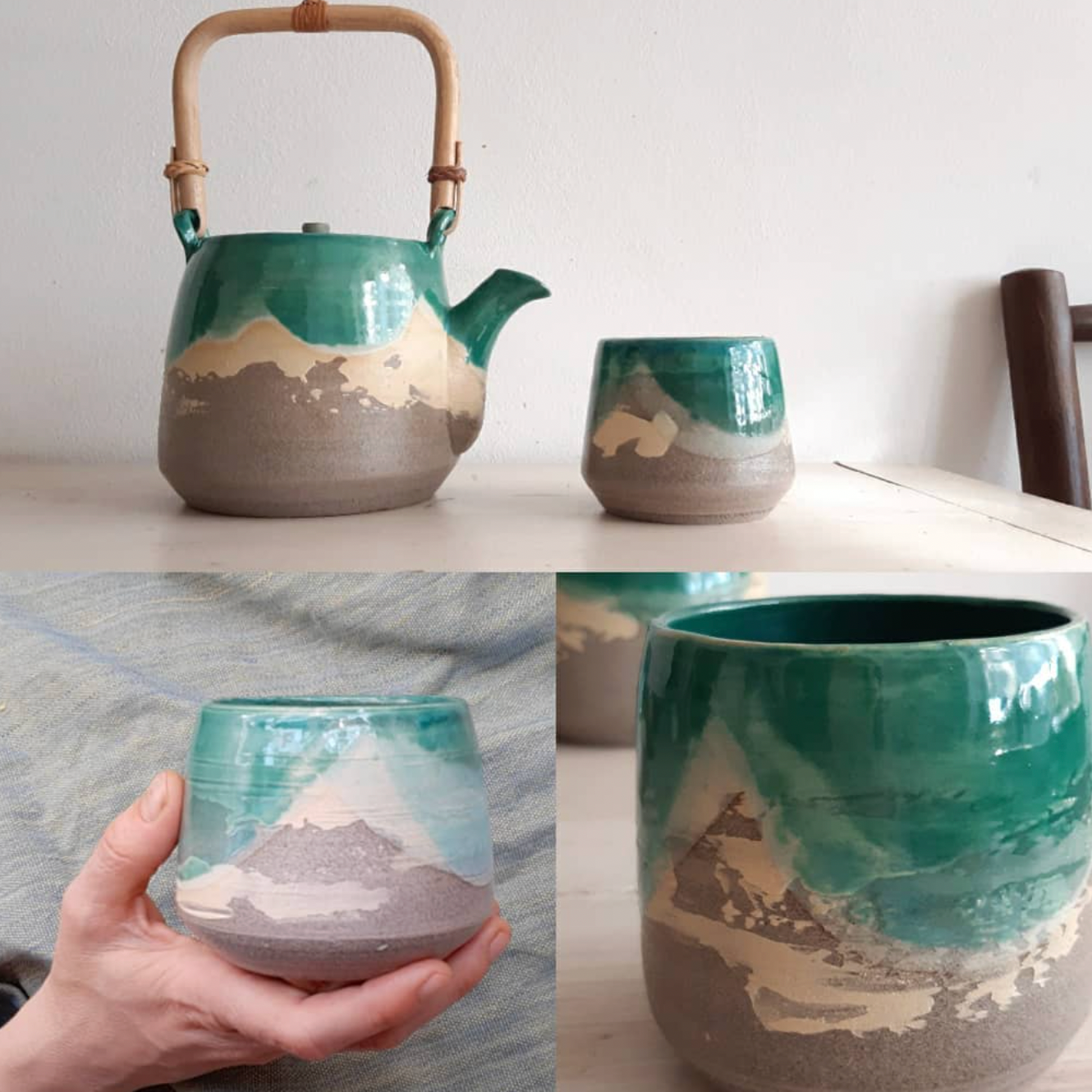 Collage of ceramic teapot, cup, and vase with mountain design on a neutral background