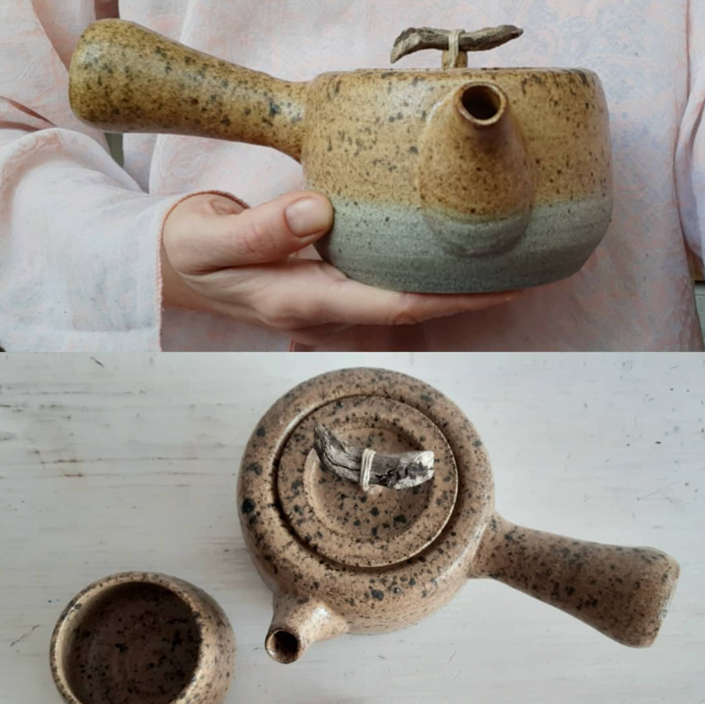 Ceramic teapot with speckled glaze held by a person, followed by a close-up of the teapot lid.