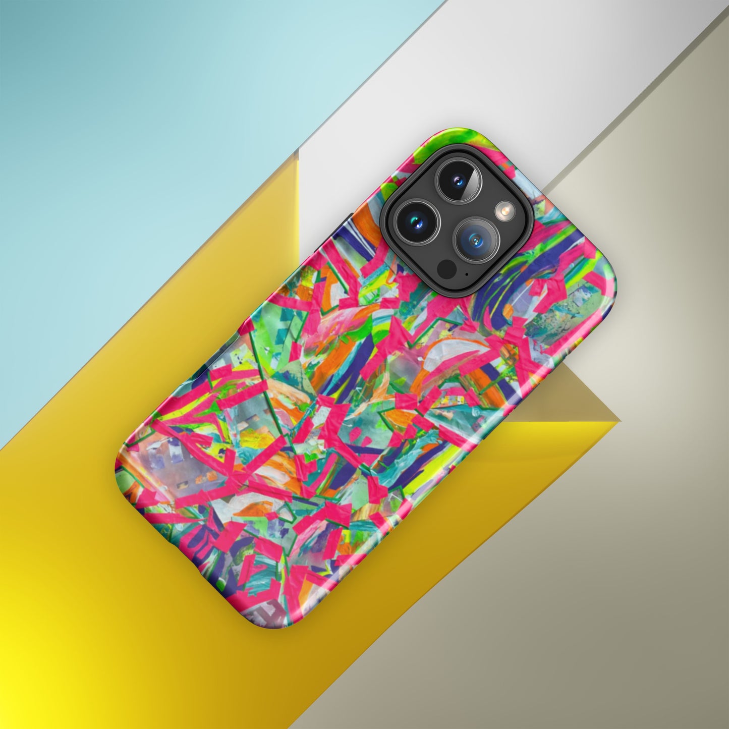 Colorful abstract phone case on a geometric background