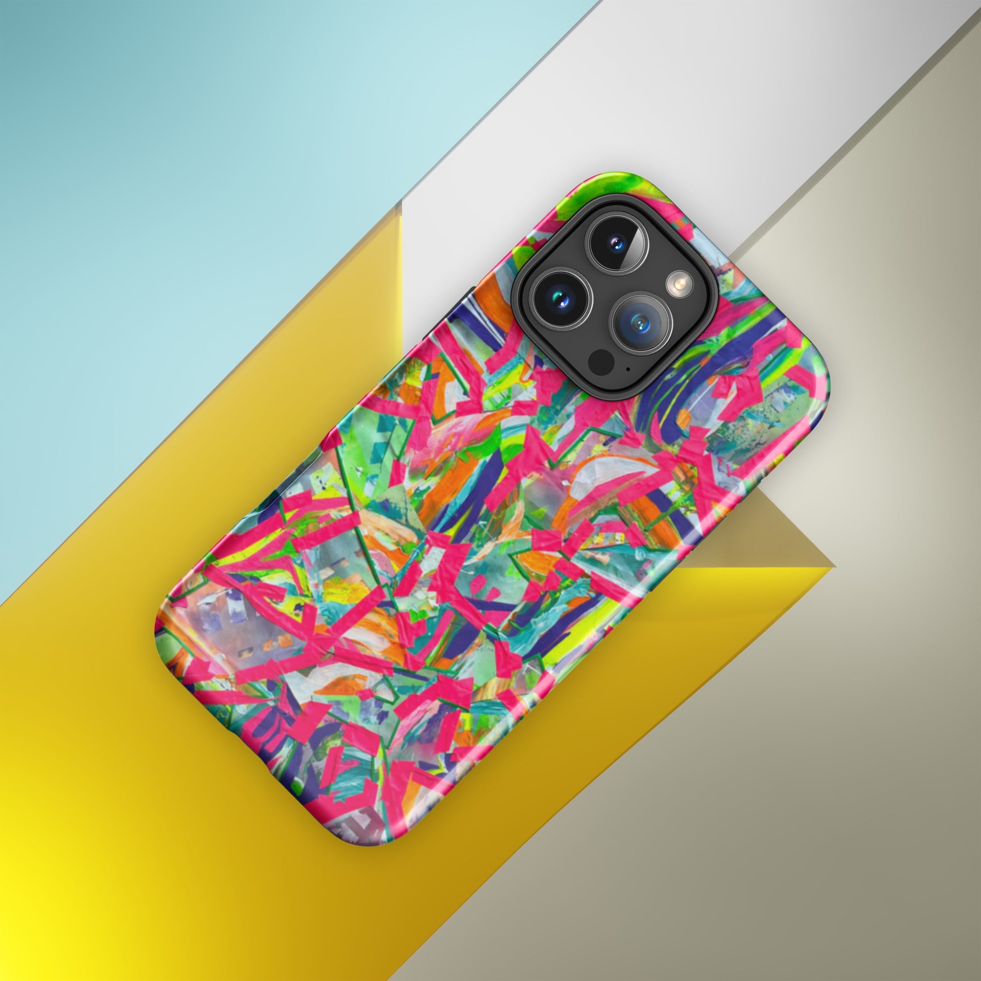 Colorful abstract phone case on a geometric background