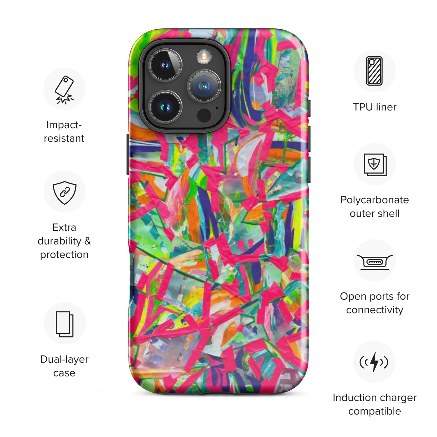 Colorful phone case with features listed on a white background